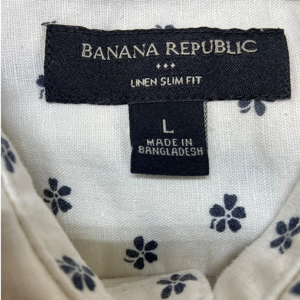 Banana Republic Shirt Mens L‎ White Excellent Linen Slim Fit Floral Short Sleeve